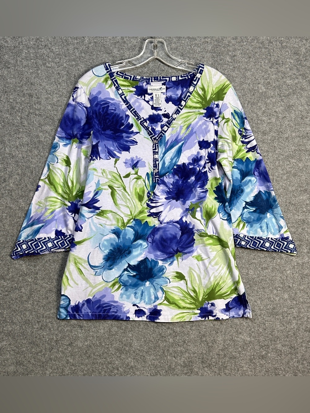 Caribbean Joe LG Blue Green Floral 3/4 Peasant Sleeve Tunic Resort Casual-Chic